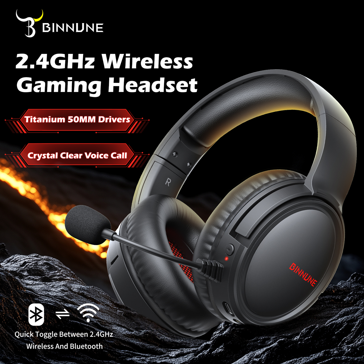 Gaming Headset Rgb - BINNUNE BW02 Wireless Gaming Headset 2.4GHz